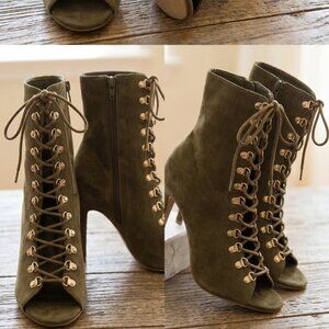 LACY Olive Lace-Up Peep Toe Stiletto Booties – Size 8